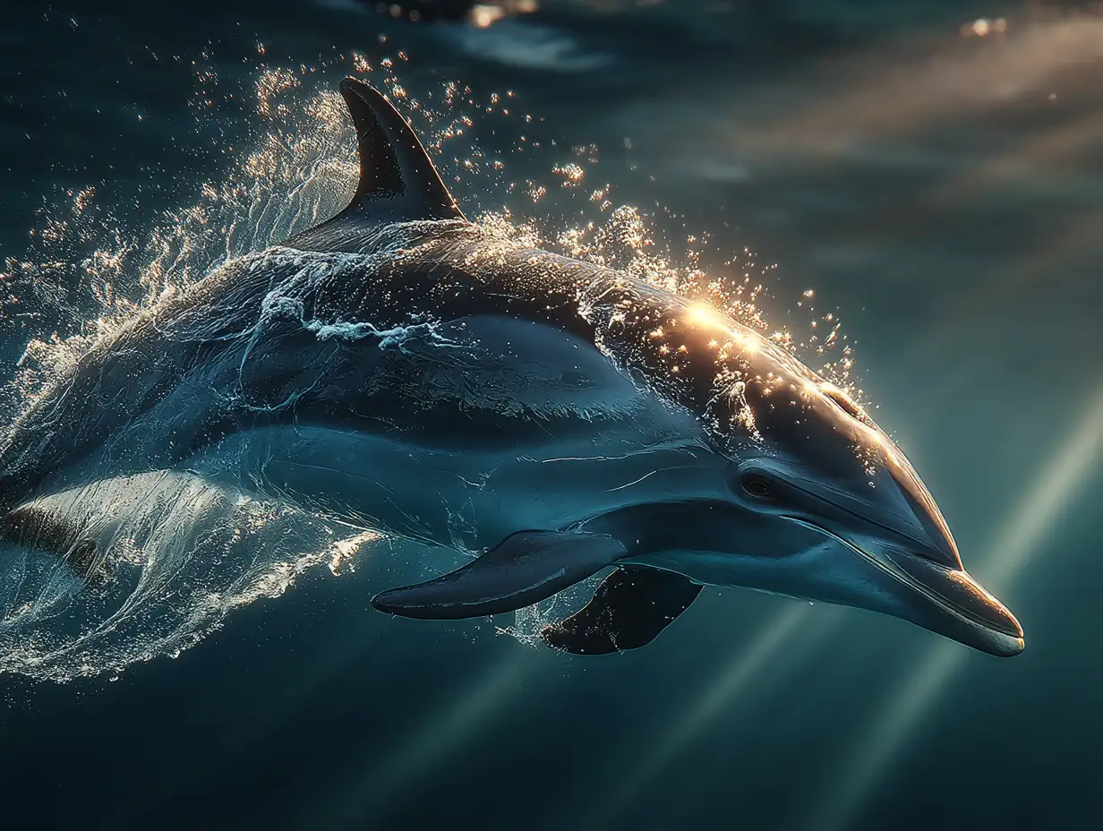 A sleek humpback dolphin in deep blue water, beams of light cutting through the surface, ultra-realistic render