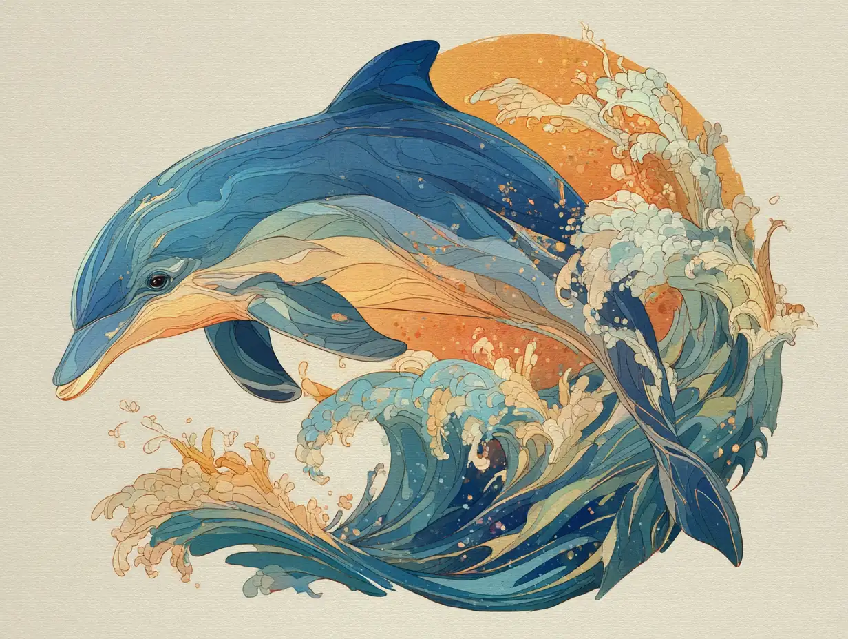 Flat-vector style dolphin jumping over stylised wave icon, pastel palette, modern logo aesthetic