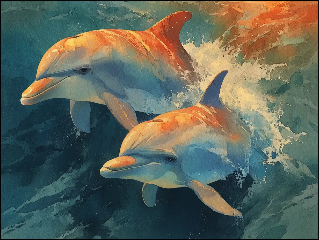 Two dolphins in a watercolor ocean, soft pastel tones, gentle brush texture, artistic illustration styl,Illustration