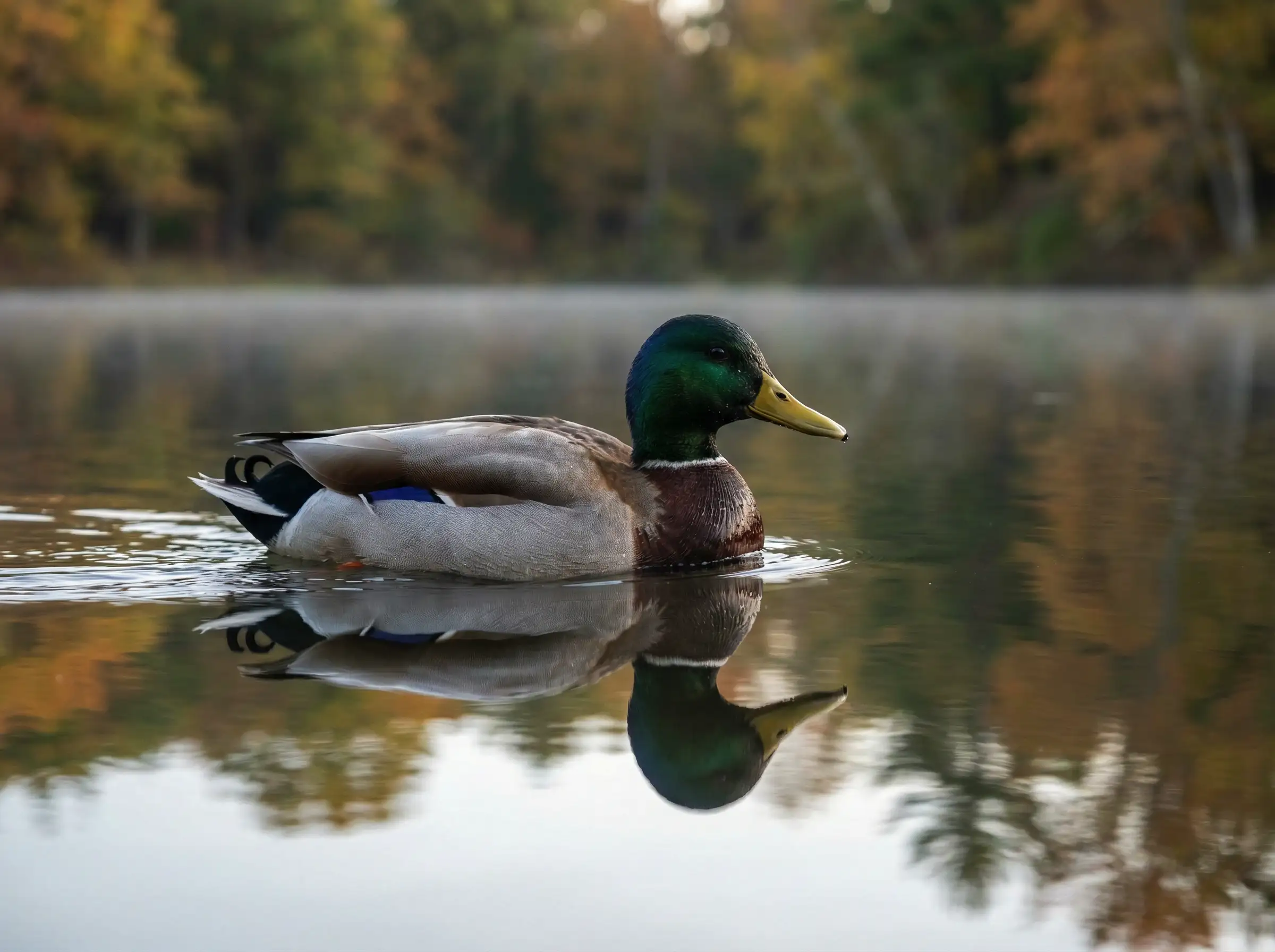 بطة واقعية تسبح في بحيرة هادئة، ريش مفصل، انعكاسات الماء، ضوء نهار طبيعي، أسلوب تصوير الحياة البرية، دقة فائقة العلو
