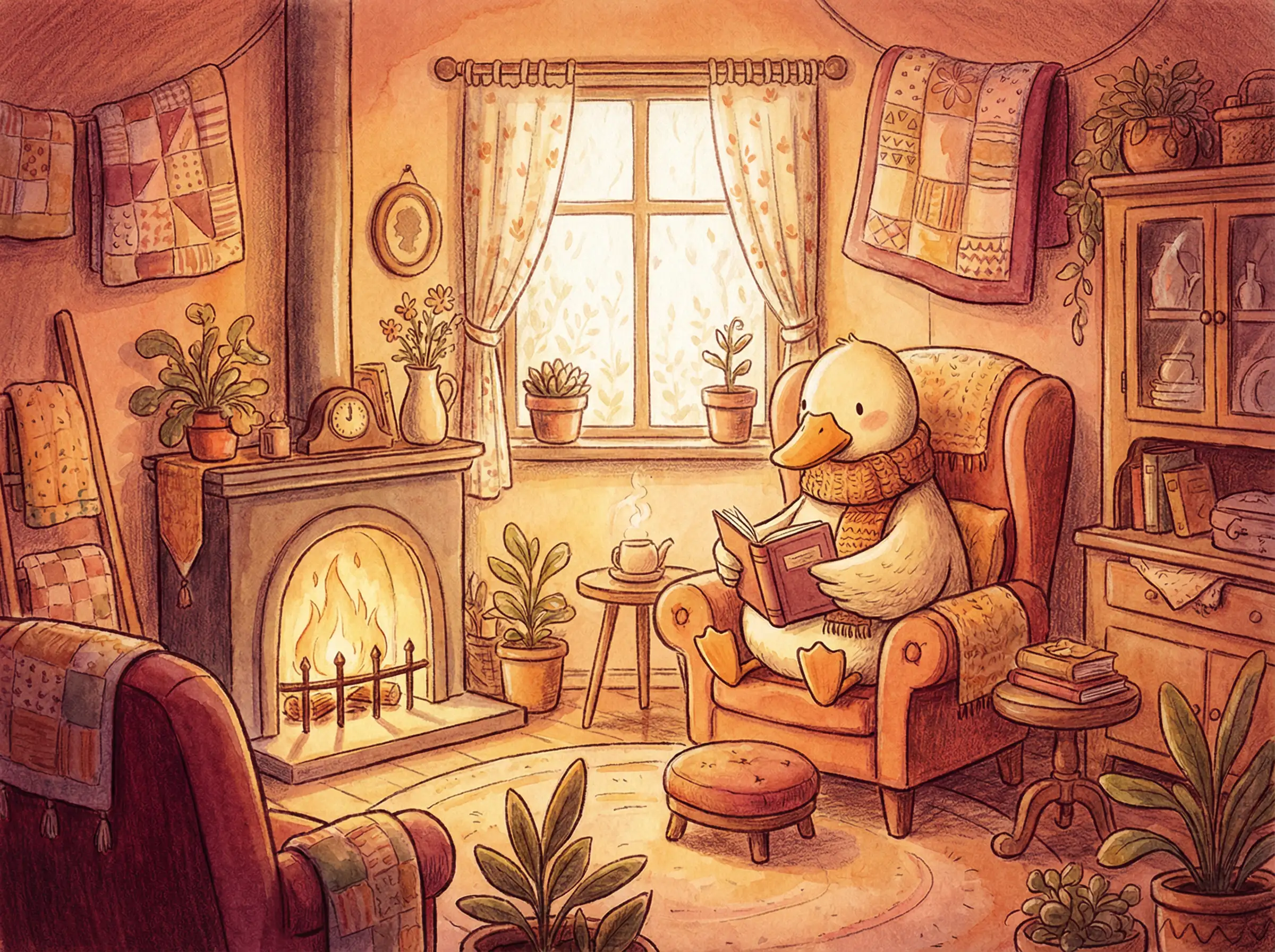 رسم بطة بأسلوب كتب القصص، لوحة ألوان دافئة، إضاءة ناعمة، جو خيالي ومريح، تفاصيل عالية الدقة