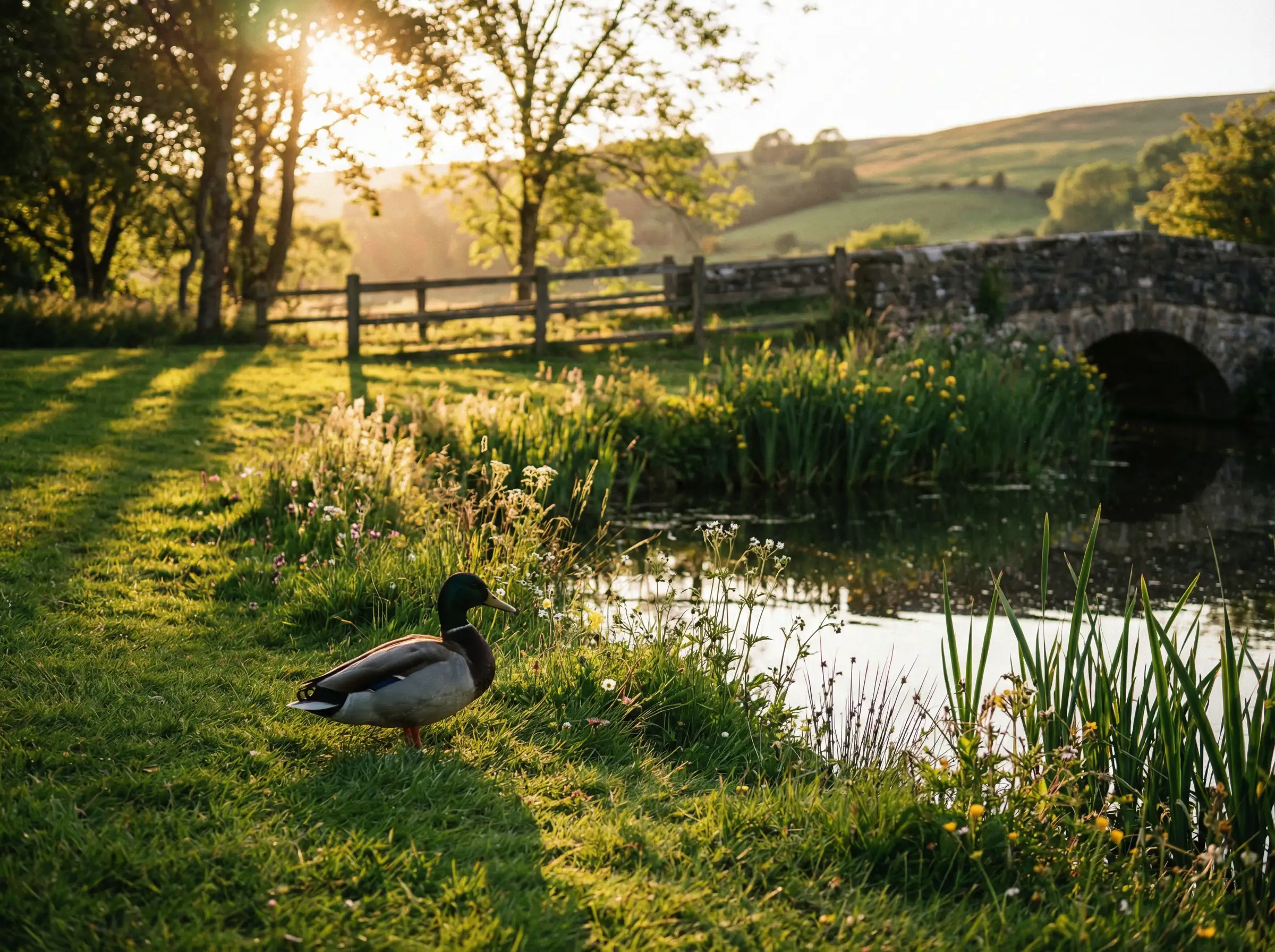 بطة واقفة بالقرب من بركة مع عشب وقصب، أجواء ريفية هادئة، ضوء شمس دافئ، تصنيف ألوان طبيعي، دقة عالية [图片]