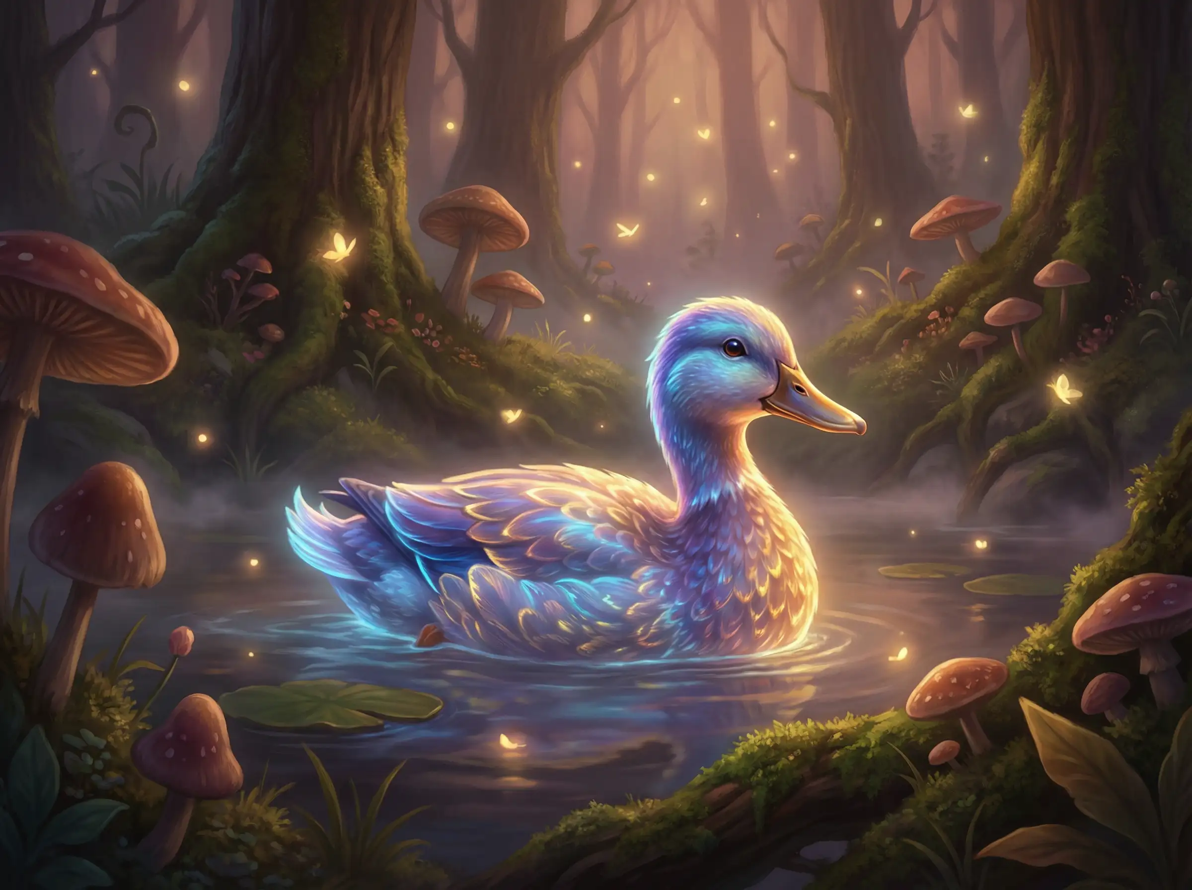 بطة خيالية بريش متوهج ناعم، بيئة حالمة، جو سحري، أسلوب رسم سينمائي، تفاصيل فائقة