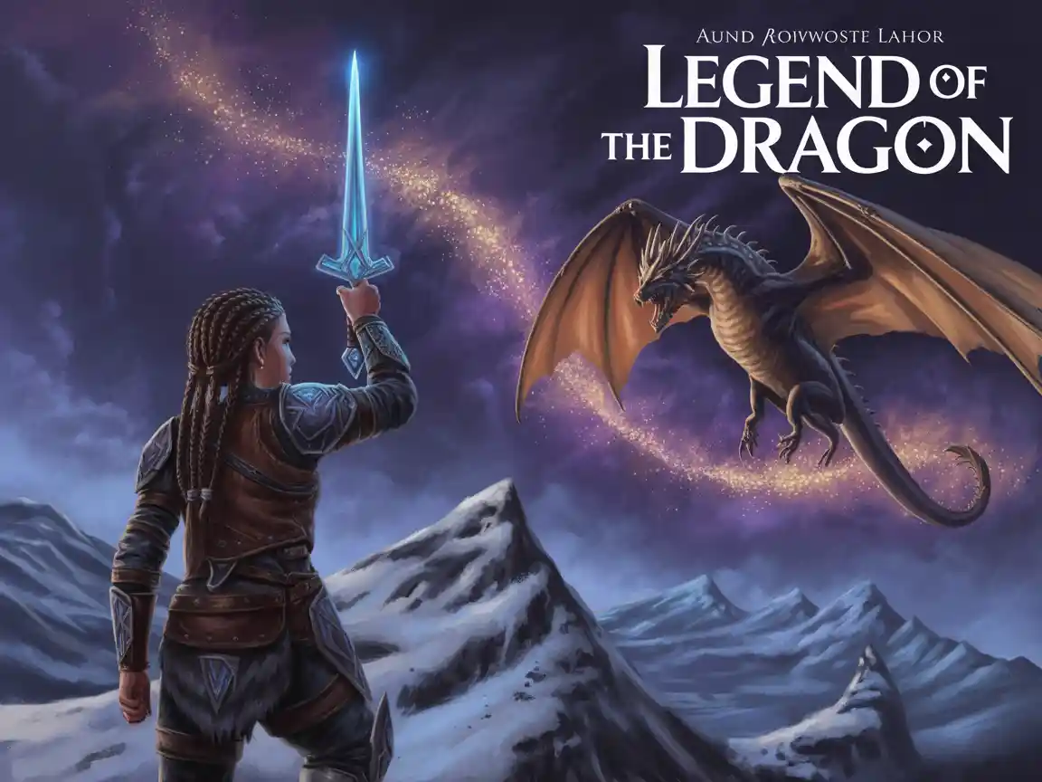 壮大なハイファンタジーの電子書籍カバーイラスト。編み込みの髪とプレートアーマーを身に着けた若い戦士女性が雪山の頂上に立ち、光を放つ青い水晶剣を掲げている。背景には、古代の巨大なドラゴンが革の翼を広げて紫と金の星空の星雲を舞っている。構図は、書名と著者名のために画像の上三分の一に広い暗いスペースを残している。非常に詳細なデジタルペインティング、シネマティック照明、ドラマチックな色彩。カバー名「"Legend of the Dragon"」
