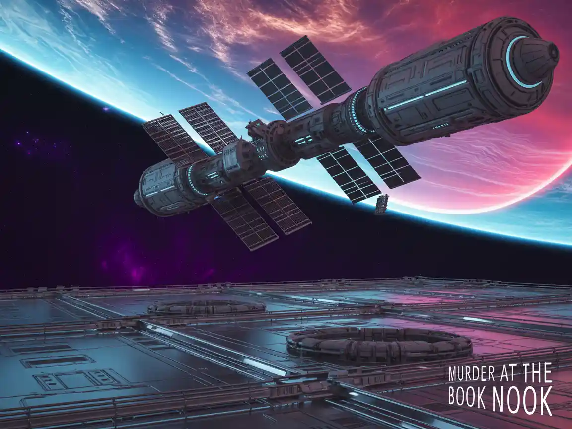 巨大な宇宙ステーションがネオンライトのエキソプラネットを周回する近未来的なSFの電子書籍カバー。超詳細な3Dレンダリング。カバー名 "Murder at the Book Nook"
