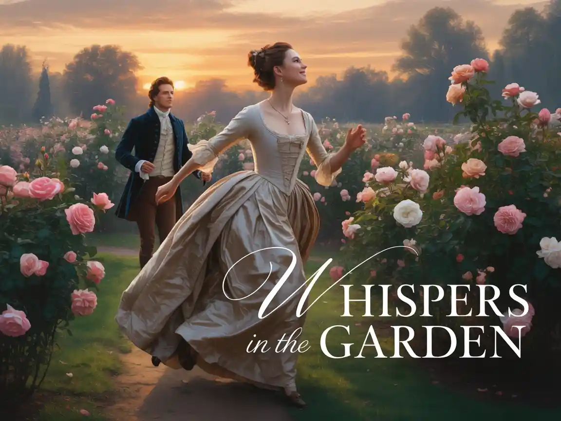 ロマンチックで豪華な歴史ロマンスの電子書籍カバー。エレガントな18世紀のシルクドレスを着た女性が、夕日の黄金の時間帯に華麗なバラ園を走り抜けている。距離から見つめるハンサムな男性も描かれる。柔らかく拡散した照明が夢のようで情熱的な雰囲気を作り出す。高い質感の油彩風。上部にエレガントなタイトルテキストを配置できるスペースあり。カバー名 "Whispers in the Garden"。