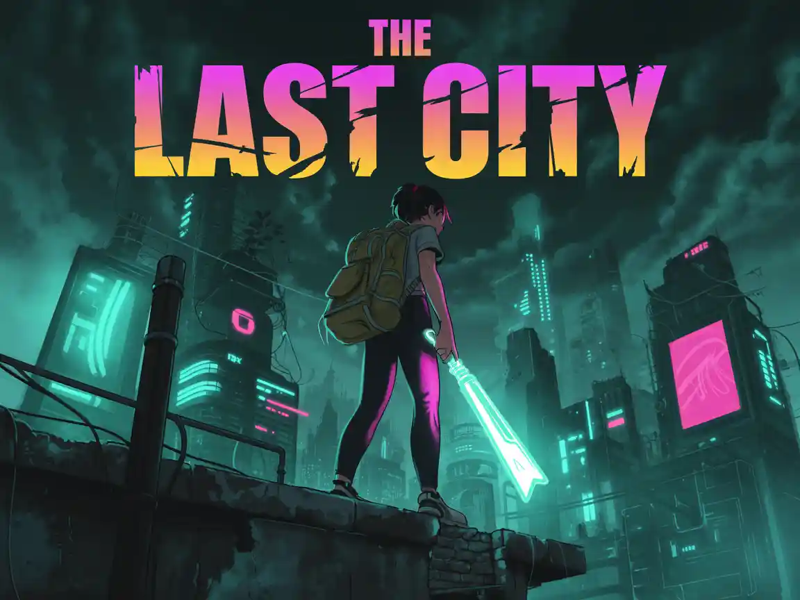 グリッティでエネルギッシュなヤングアダルトのディストピア小説カバー。実用的なバックパックを背負った反抗的な少女が、崩れかけたコンクリートの屋上に立ち、ネオンサインが輝く広大な未来都市を見下ろす。輝くエナジースタッフを持っている。ダークで高コントラストのデジタルイラスト、シアンとマゼンタのアクセント。深い被写界深度。太字でダメージ加工されたタイトル用の大きなスペース。カバー名 "The Last City"。