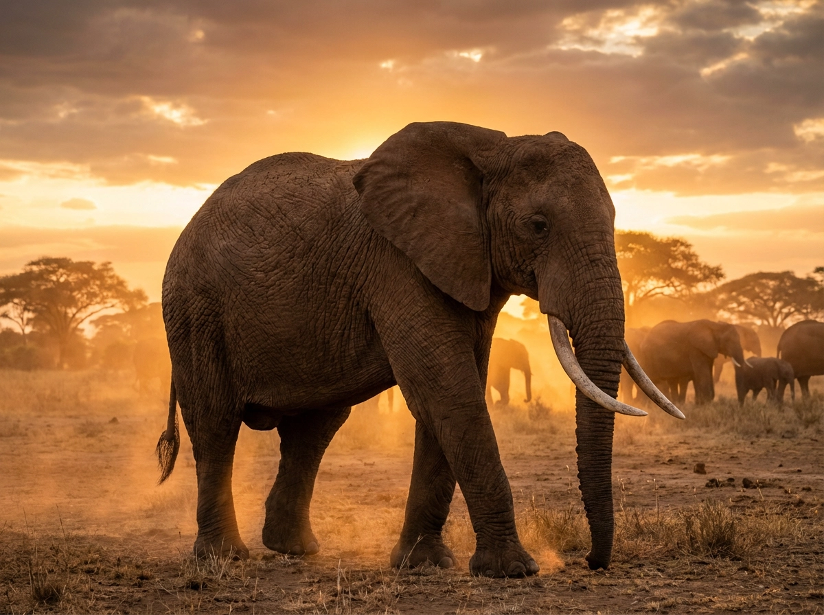 African elephant walking across the savanna, ultra‑realistic skin texture with wrinkles, large ears and tusks, golden sunset lighting, dust in the air, cinematic wildlife photography, documentary realism