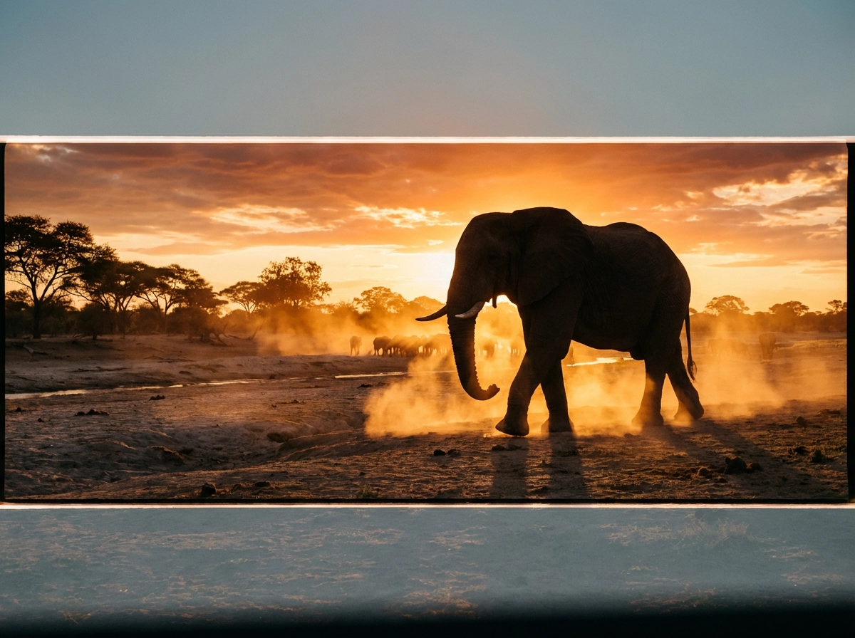 Majestic elephant at sunset, dramatic lighting, wide angle shot, dust in the air, cinematic composition, epic scale
