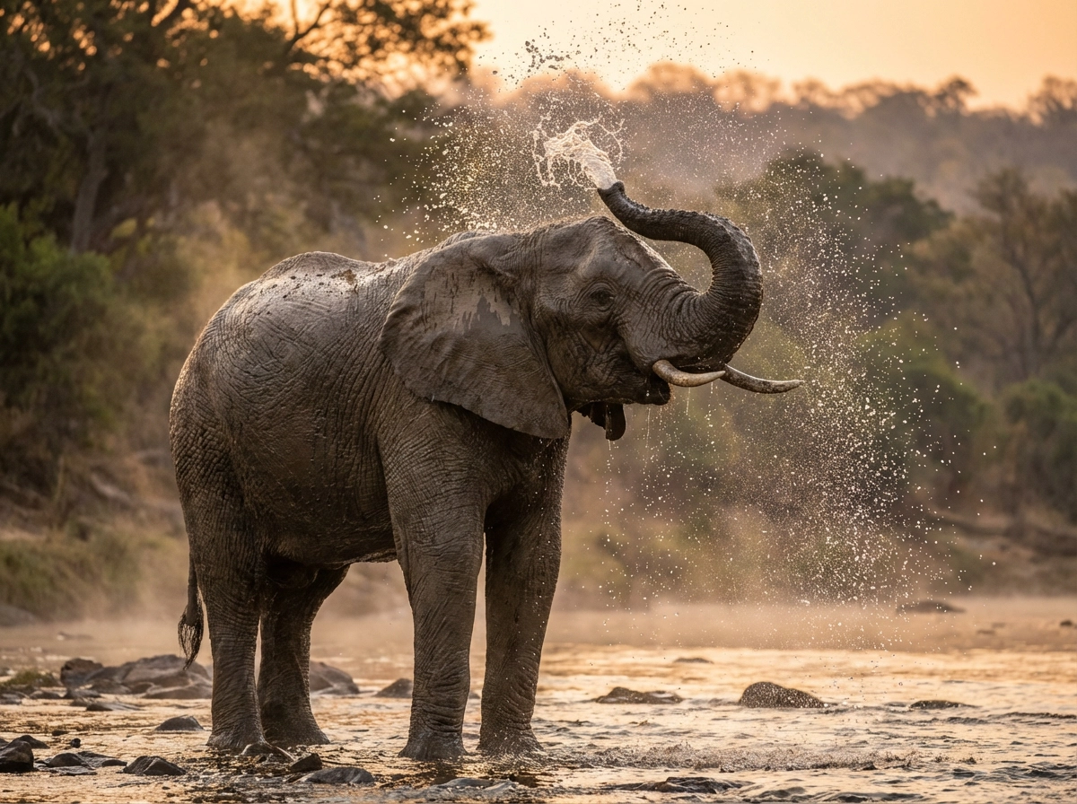 Elephant bathing in river, water splashes frozen in motion, realistic skin texture, morning sunlight, cinematic wildlife photography
