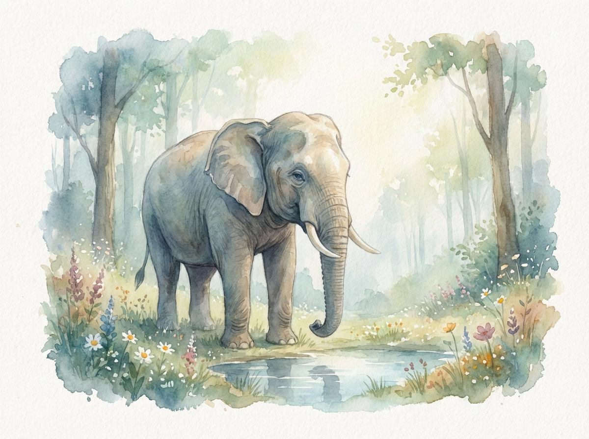 Artistic illustration of an elephant, watercolor texture, soft brush strokes, serene nature atmosphere, hand‑painted style