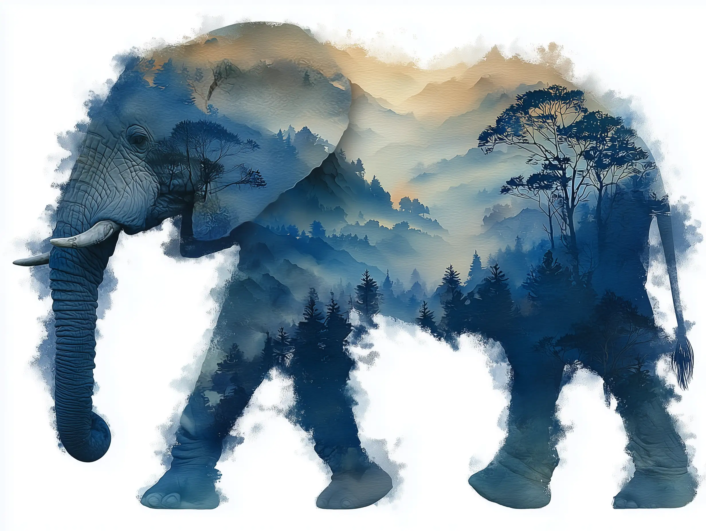 Elegant watercolor-style elephant silhouette, soft brush texture, gradient grays and blues, transparent PNG cutout