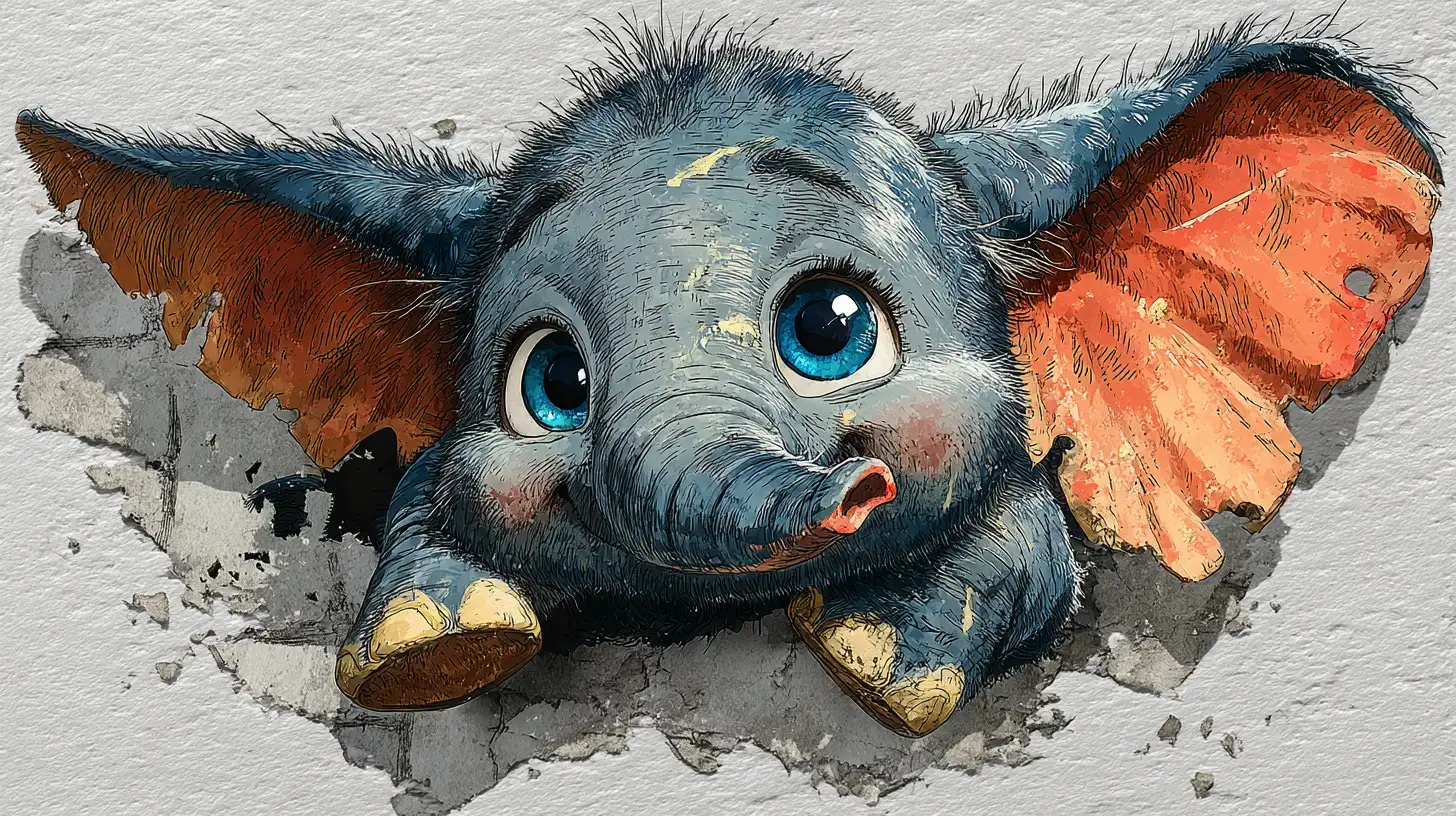 Adorable cartoon elephant with oversized ears, playful pose, bright expressive eyes, sticker-style clean outline, transparent PNG