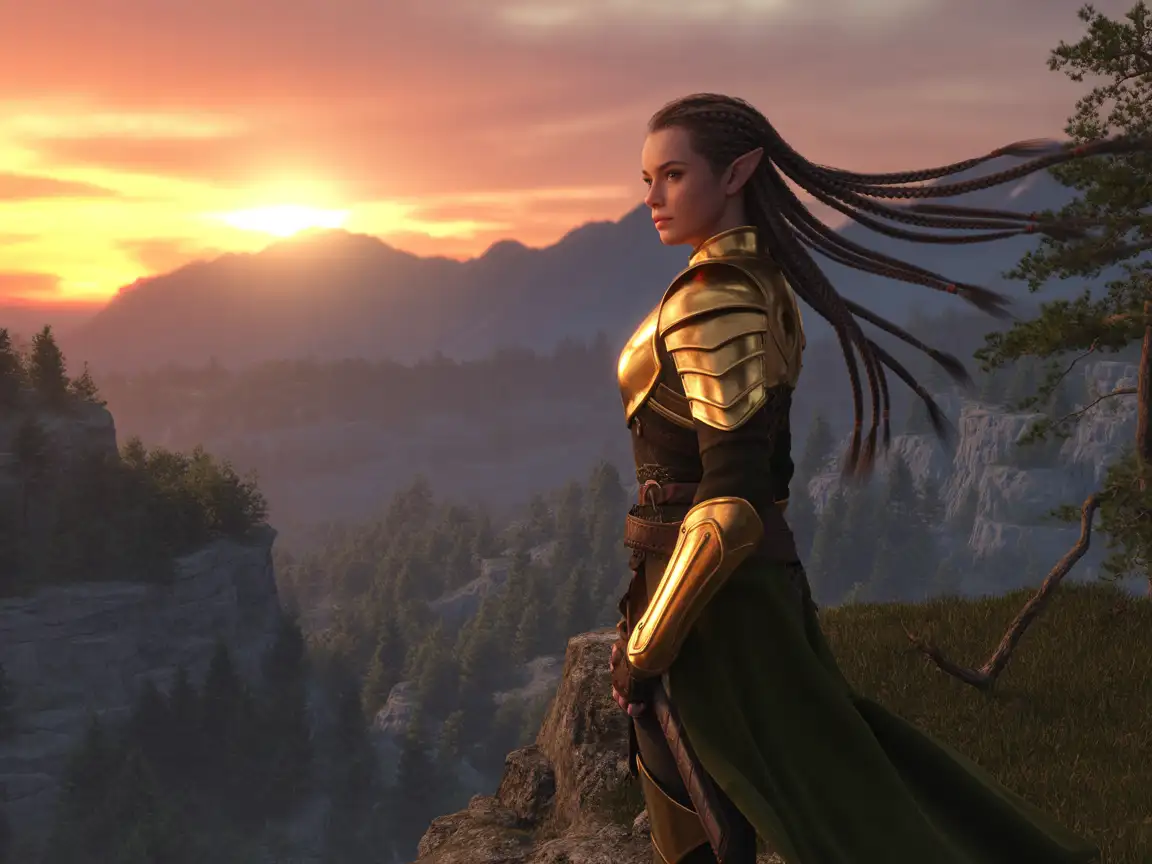 Elegant female elf warrior in golden armor, standing on a cliff with a sunset behind, long braided hair flowing in the wind, detailed forest valley below.