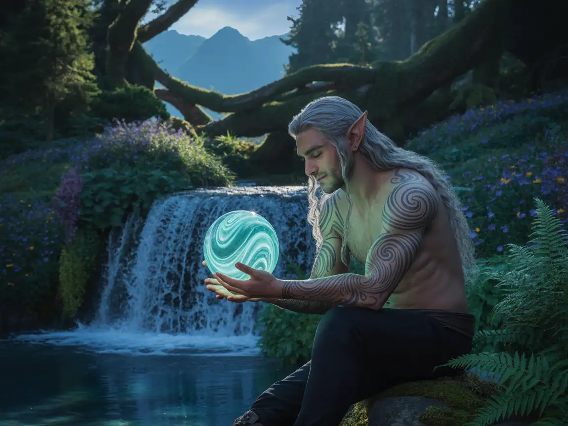 Elf prince with intricate elven tattoos, sitting beside a magical waterfall, holding a glowing orb of energy.