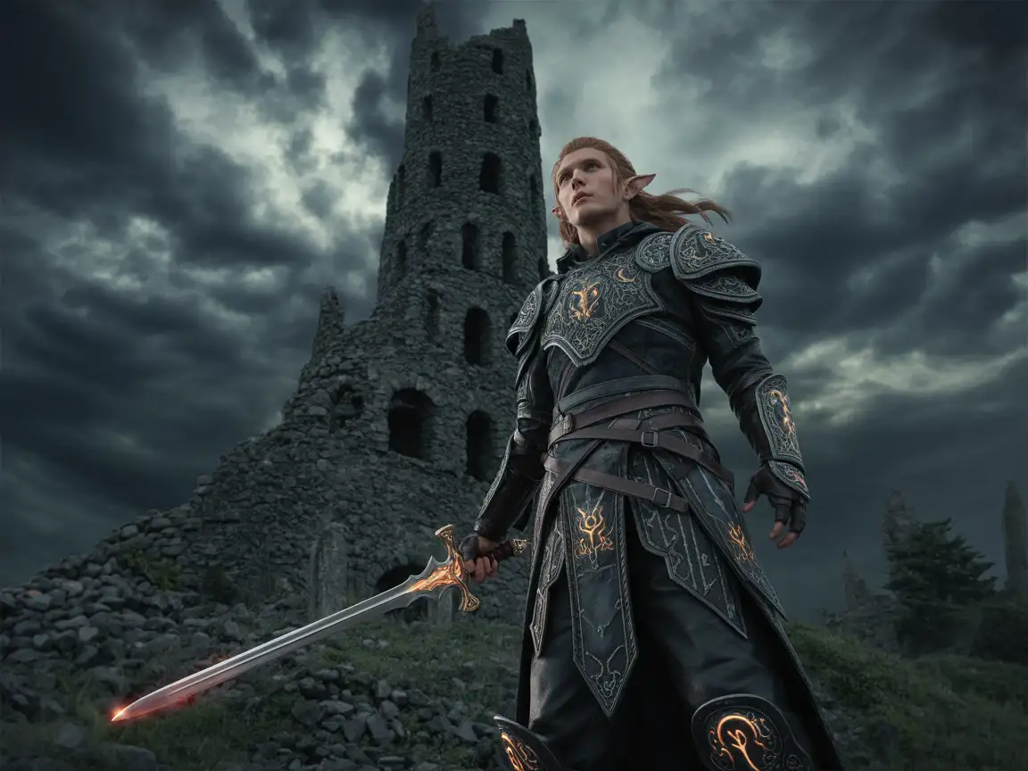 An elf warrior in intricate dark enchanted armor, wielding a shimmering sword.