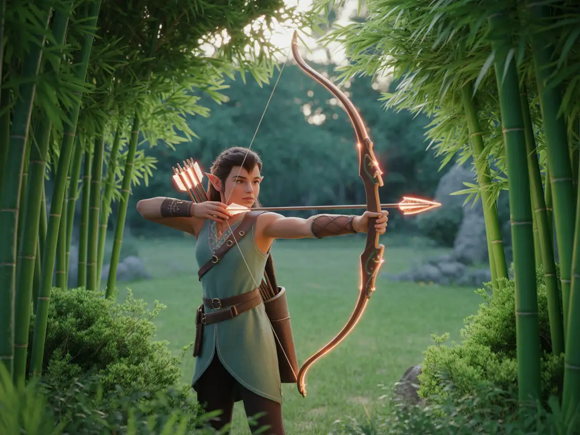 A young elven archer in elegant attire, practicing archery in a lush bamboo grove.