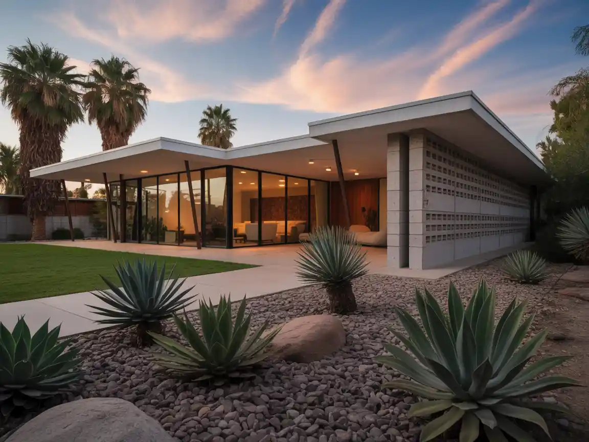Ein klassischer Mid-Century-Modern-Hauss exterior mit Flügel-Dach, Bogenmauern, bodentiefen Fenstern und Wüstenlandschaft mit Agaven und Steinen, nostalgischer Architekturstil der 1960er Jahre.
