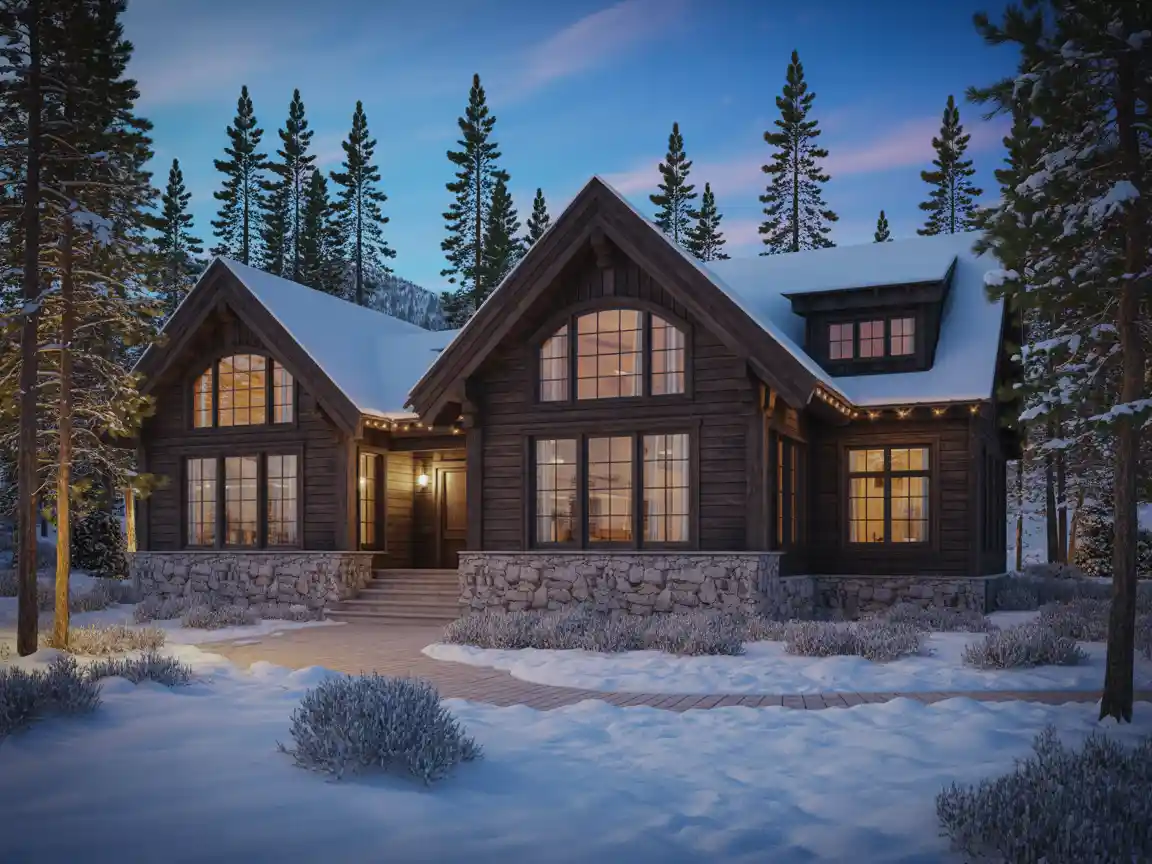 Rustikale Berghütte aus dunklem, gebeiztem Holzstämmen und Naturstein, umgeben von hoch aufragenden Kiefern, bedeckt mit winterlichem Schnee, warme einladende Lichtstrahlen aus den Fenstern.