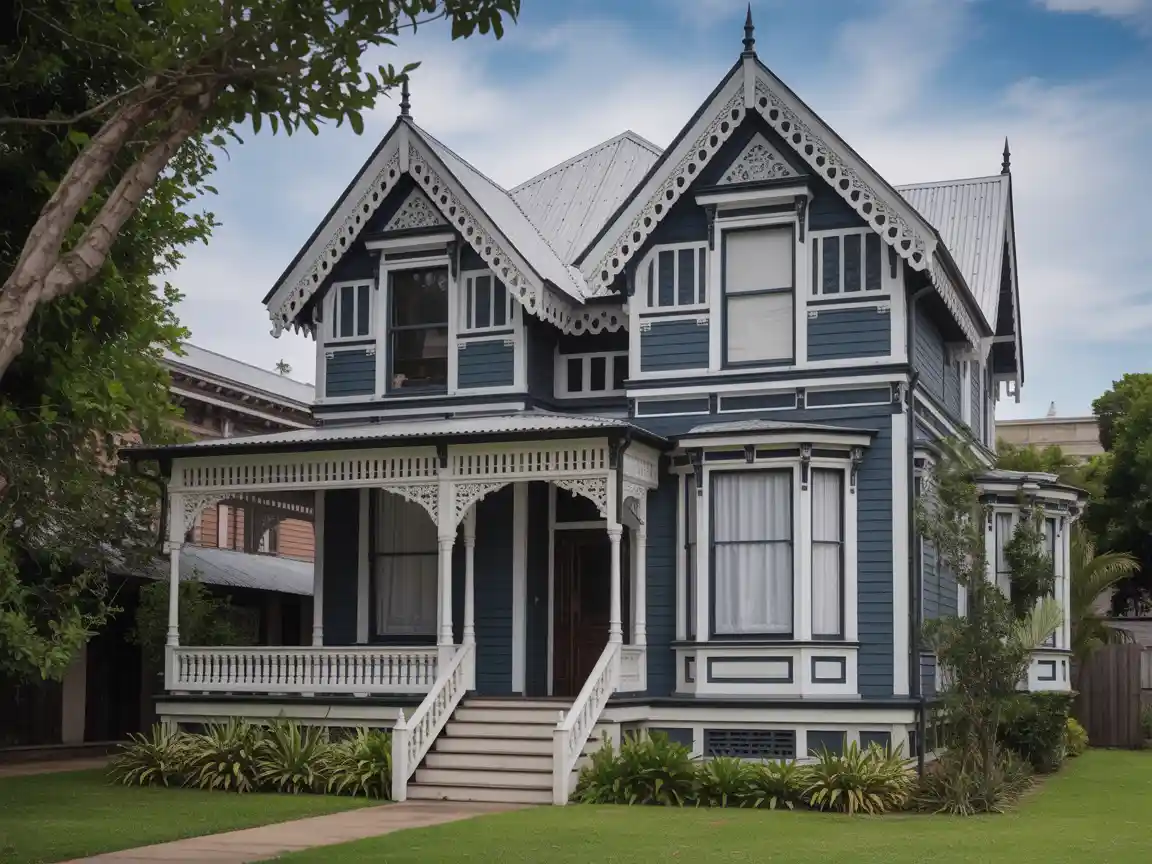 Elegantes viktorianisches Haus mit aufwendigem Zuckerguss-Schnitt, umlaufender Veranda, steilen Giebel-Dächern, in raffiniertem Marineblau mit weißen Akzenten gestrichen.