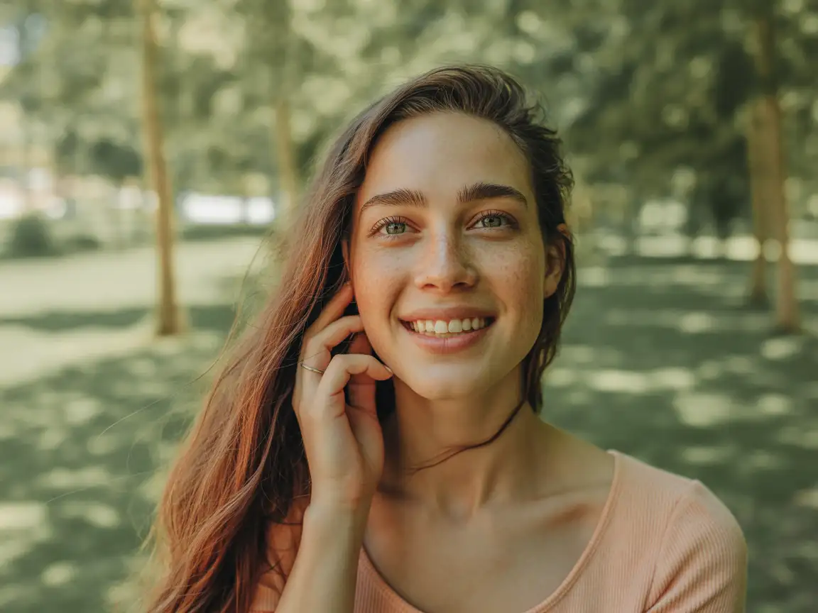 A smiling young woman with long, flowing brown hair, standing in a serene outdoor setting with natural sunlight illuminating her face. 
