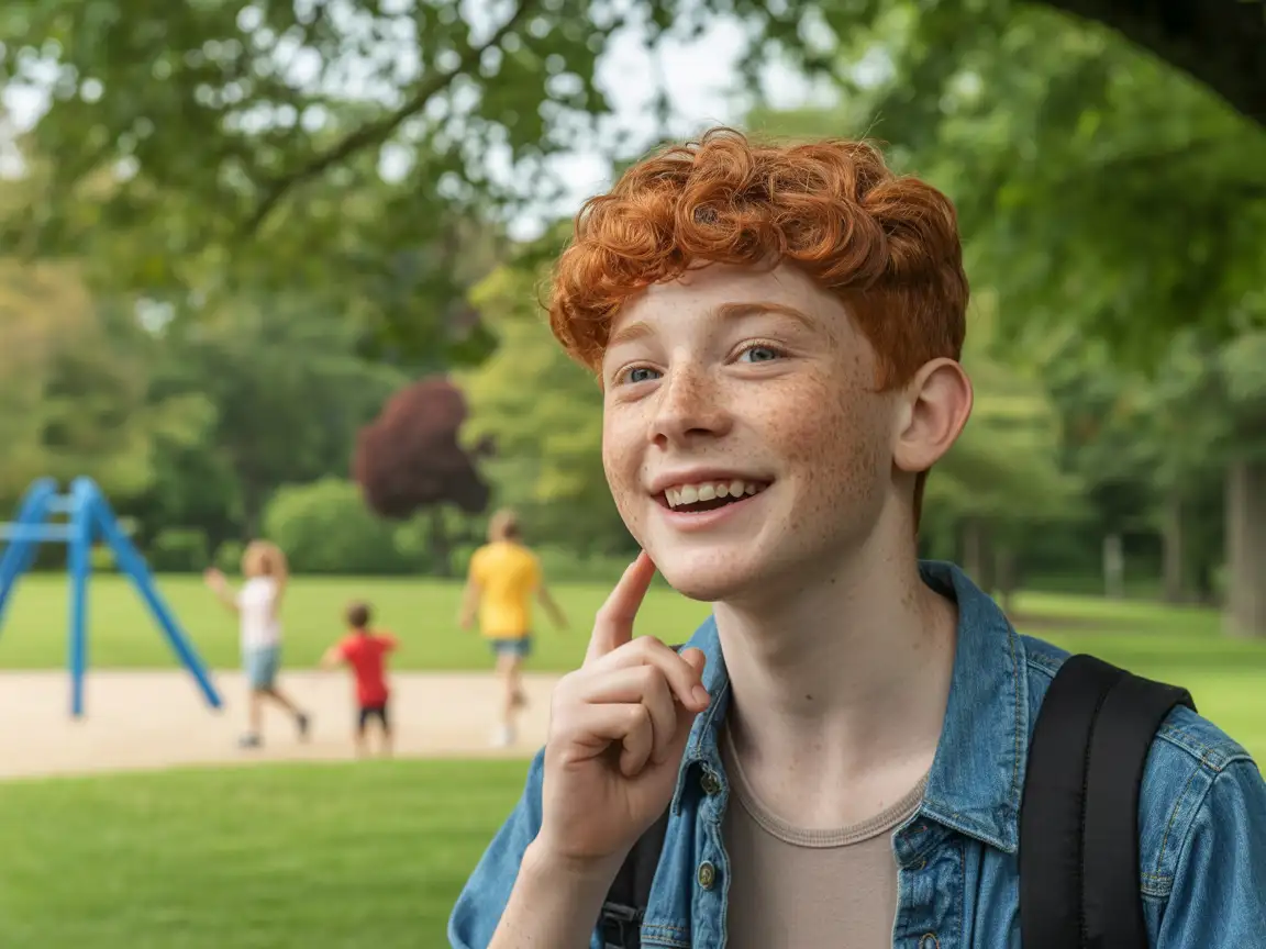 A teenage boy with freckles and curly red hair, wearing casual summer clothing. He is in an outdoor park with greenery, trees, and a few distant children playing.