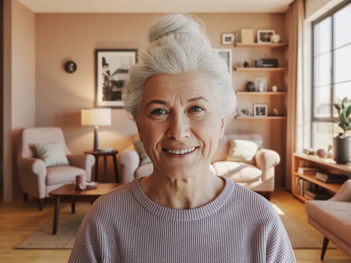 An elderly woman with white hair styled in a bun, wearing a comfortable sweater, sitting in a cozy living room filled with warm furnishings.