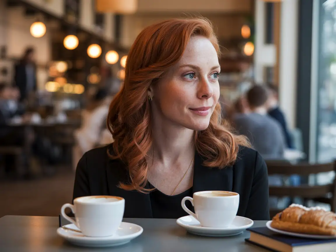A woman with wavy auburn hair, elegantly dressed, sitting at a table in a cozy coffee shop interior.