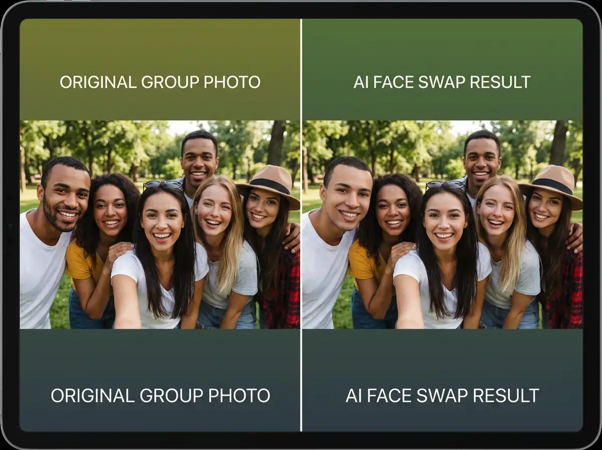 Swap faces in group photos while keeping the rest of the people unchanged.