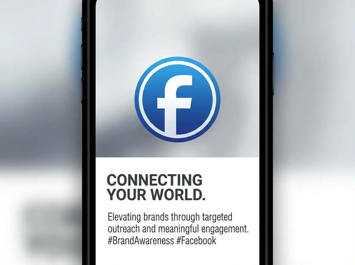 Facebook brand awareness image with logo-focused composition, minimal background, clean typography area, professional social media aesthetic