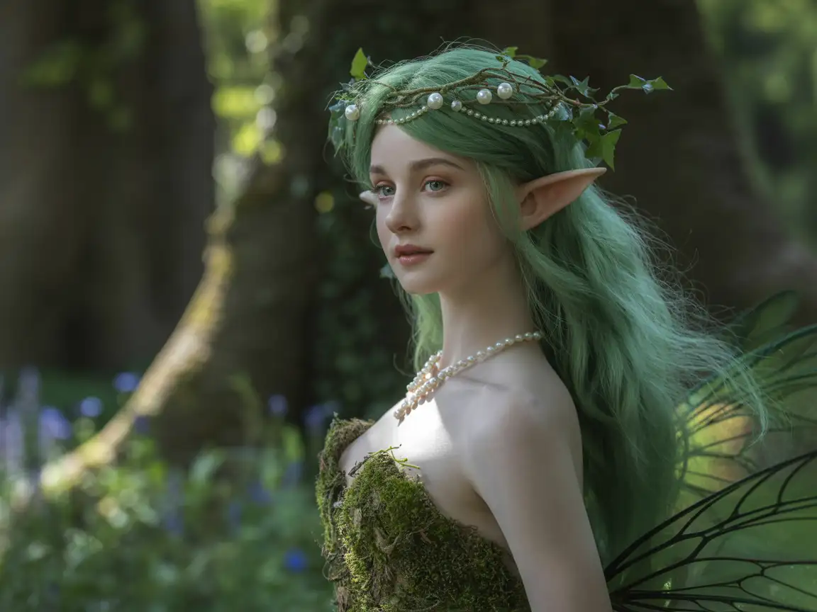 forest fairy wearing a crown of ivy and pearls, soft natural lighting, detailed textures, peaceful expression