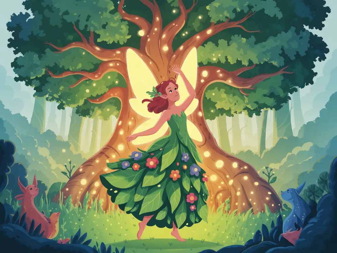 A delicate fairy in a flowing gown made of vibrant green leaves and colorful flowers.