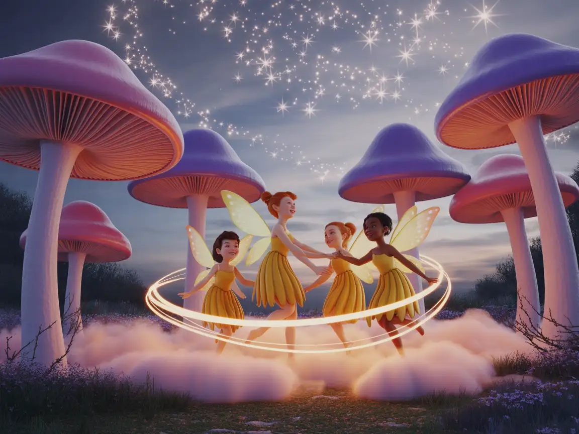 A group of five playful fairies dancing in a ring of large, colorful mushrooms, with soft fog curling around their feet and sparkling starlight twinkling in the background.