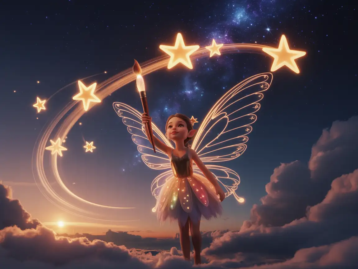 A fairy artist, small and ethereal, gracefully painting stars in a night sky using a glowing brush.
