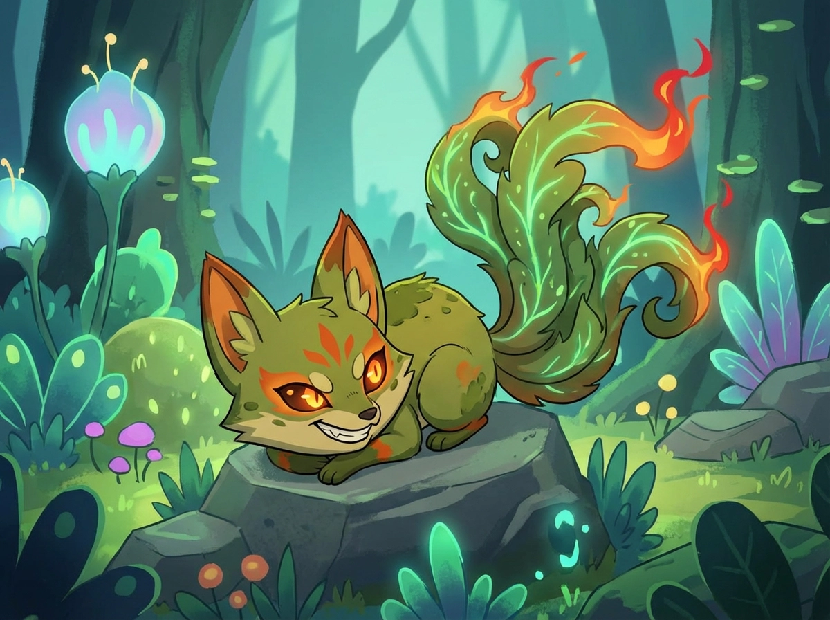 Original Fakemon creature, fire and grass hybrid type, small fox-like body, glowing leaf tail with flames, cute yet powerful expression, vibrant anime monster design style