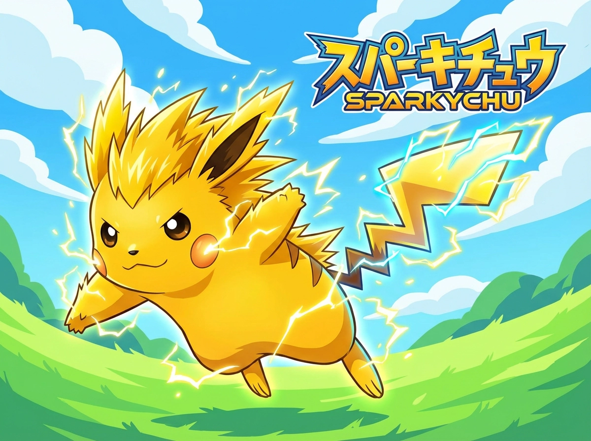 Electric-type Fakemon, mouse-like creature, yellow fur with lightning-shaped tail, energetic pose, bright anime monster illustration