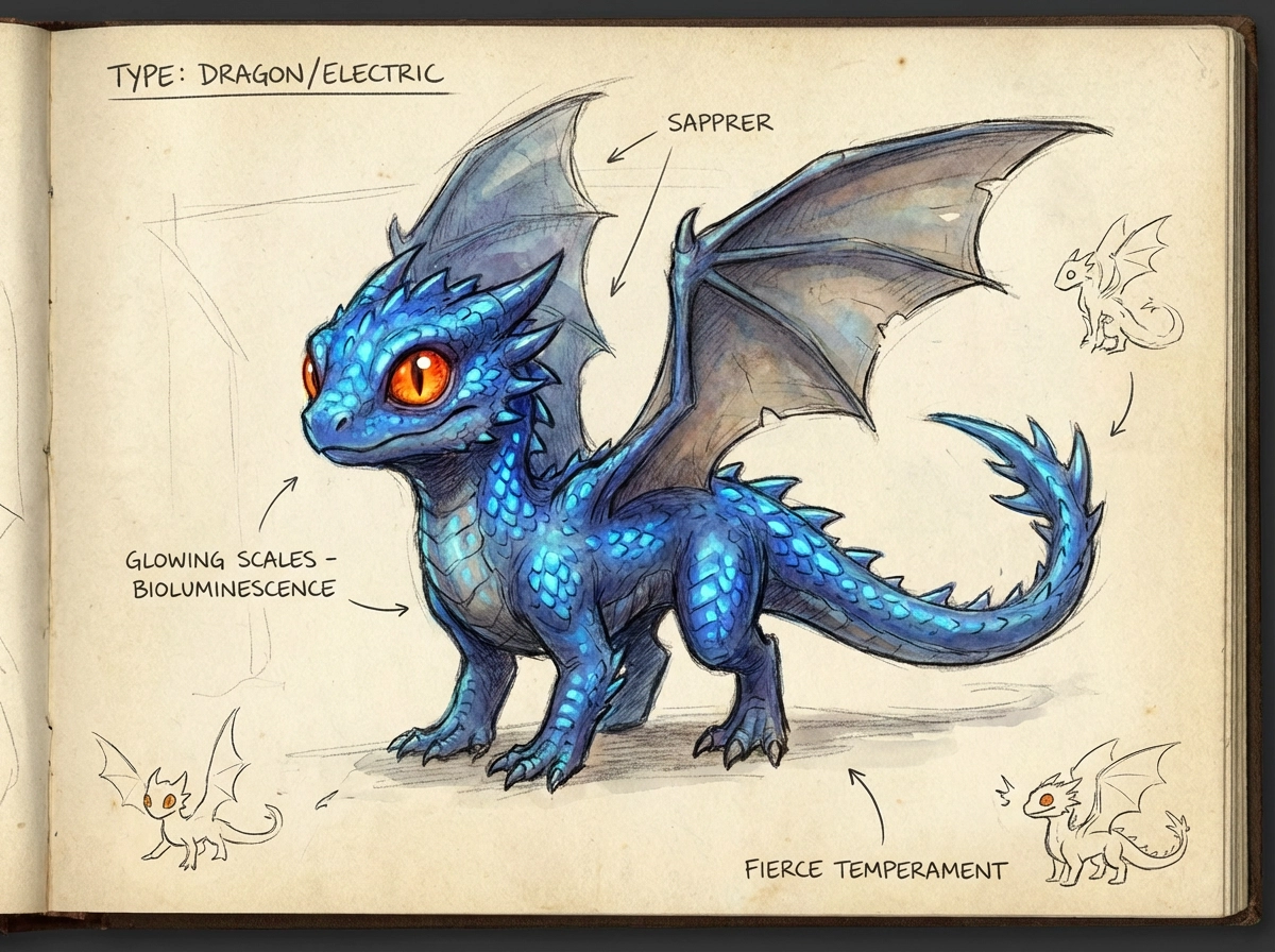 Dragon-type Fakemon, small winged reptile, glowing scales, fierce eyes, fantasy monster concept art style