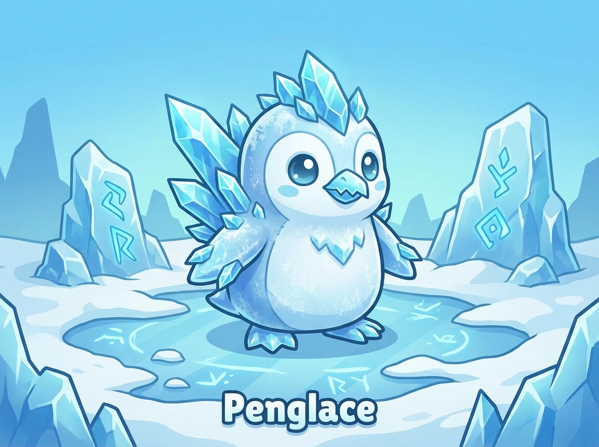 Ice-type Fakemon, penguin-inspired creature, icy crystal details, cool blue palette, cute chibi monster design