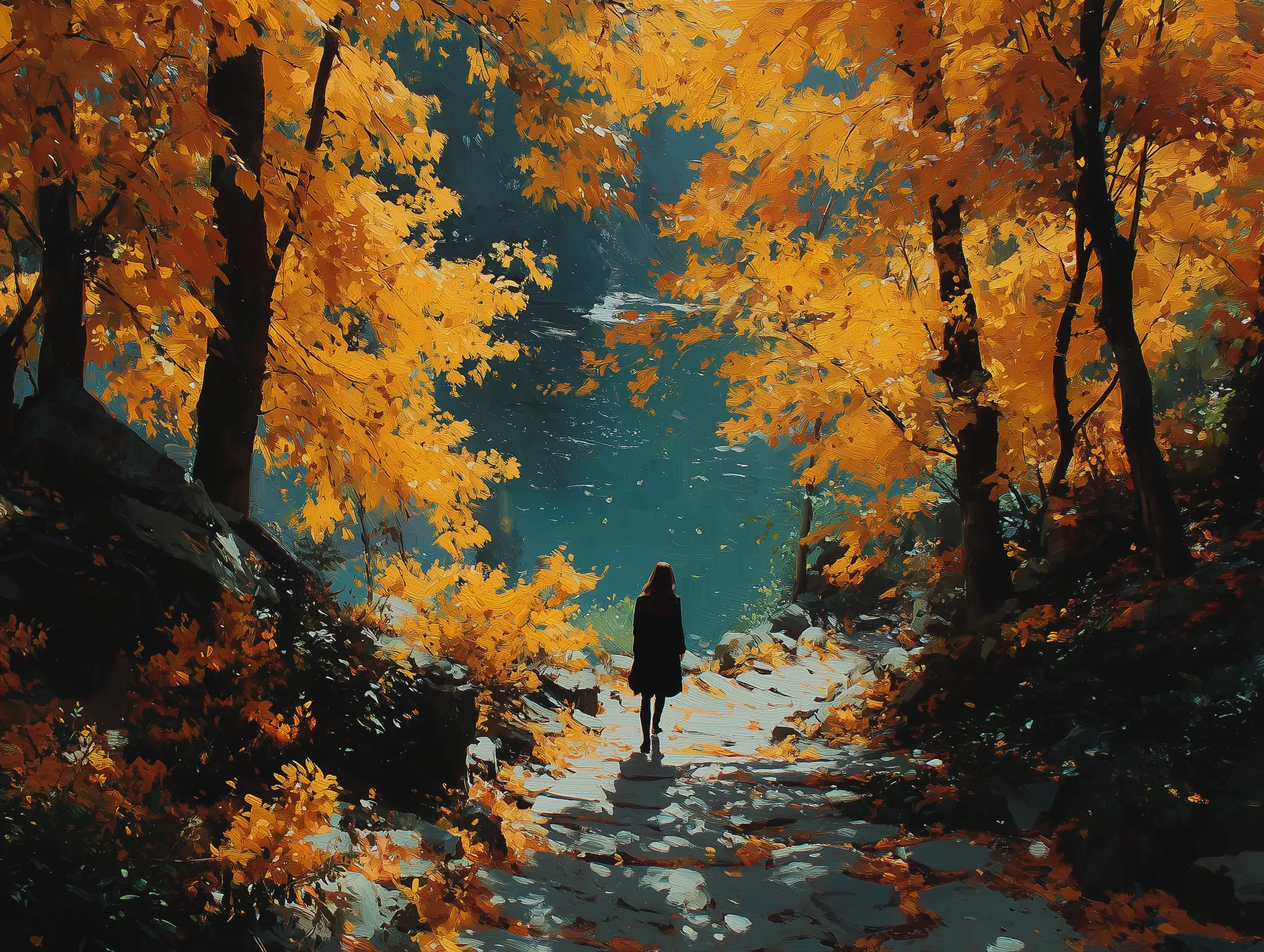 Realistic autumn forest with rich golden leaves, warm sunlight through branches, a fictional woman walking on a leaf-covered path, soft cinematic depth, peaceful fall atmosphere