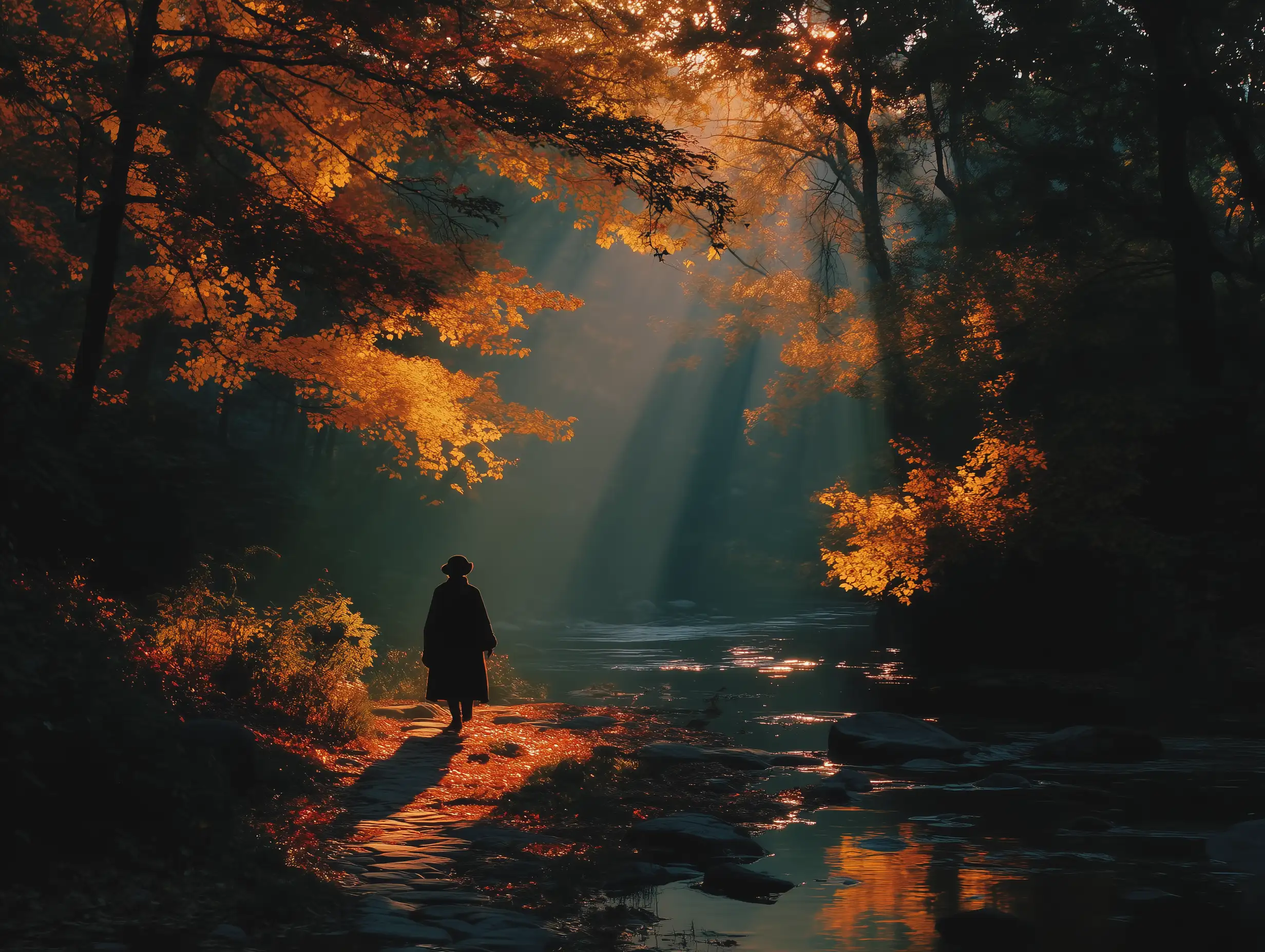 Photo-realistic sunrise in a fall forest, crisp cold air, golden leaf carpet, soft rays through trees, fictional silhouette walking with a scarf, serene autumn mood