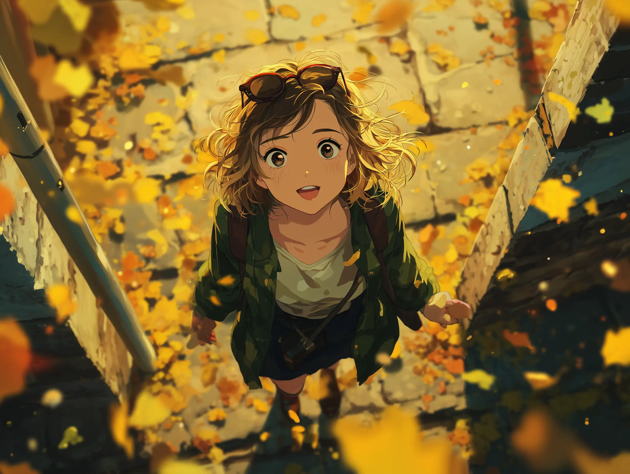 Anime-style fictional girl walking under falling leaves in a schoolyard, warm sunset lighting, saturated colors, soft sparkles, cozy fall vibe