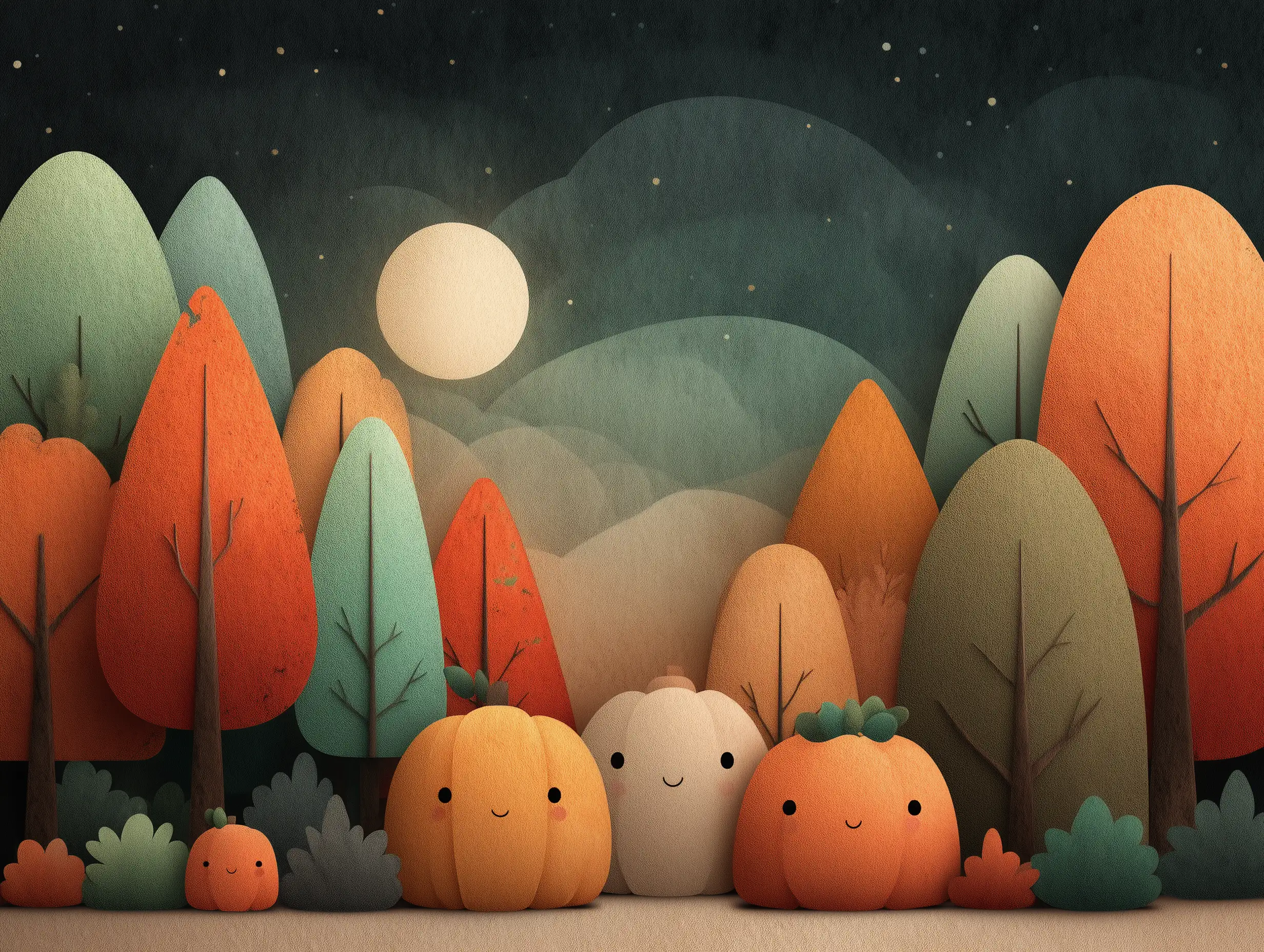 Kawaii toony autumn scene with cute pumpkins, smiling trees, pastel orange palette, rounded soft outlines, cheerful cozy fall feeling