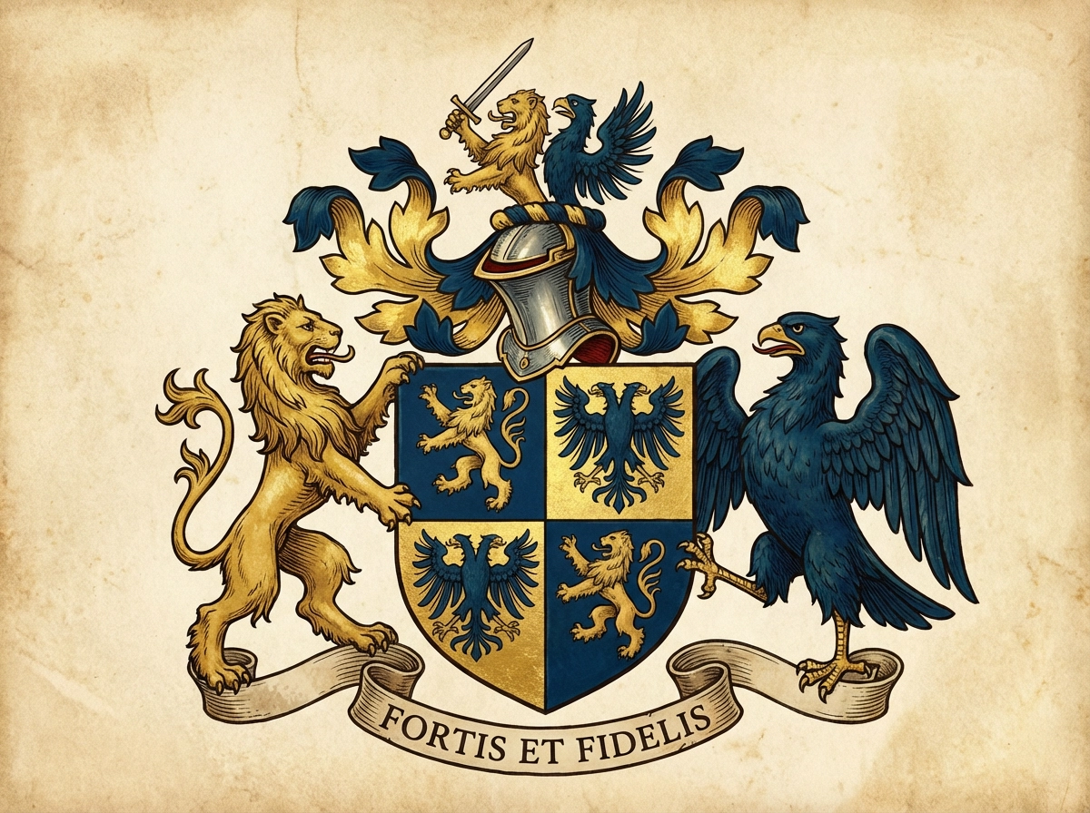 传统家族徽章，中世纪纹章风格，盾牌徽记分为四个部分，狮子和鹰象征，金色和深蓝色调，古董皇家插图