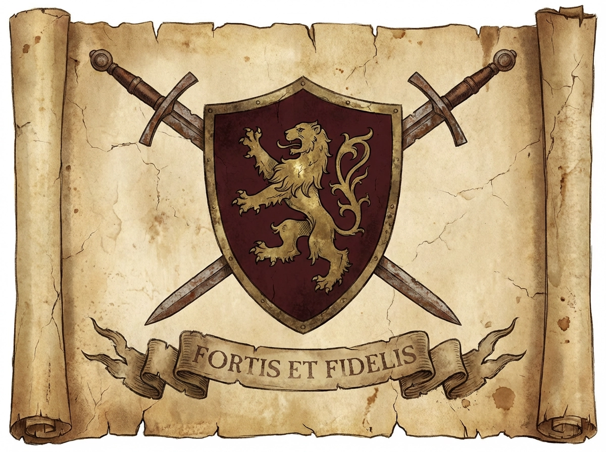 中世纪家族徽章，盾牌上有耸立的狮子，交叉剑，带有拉丁格言的旗帜，褪色羊皮纸纹理，古董纹章插图