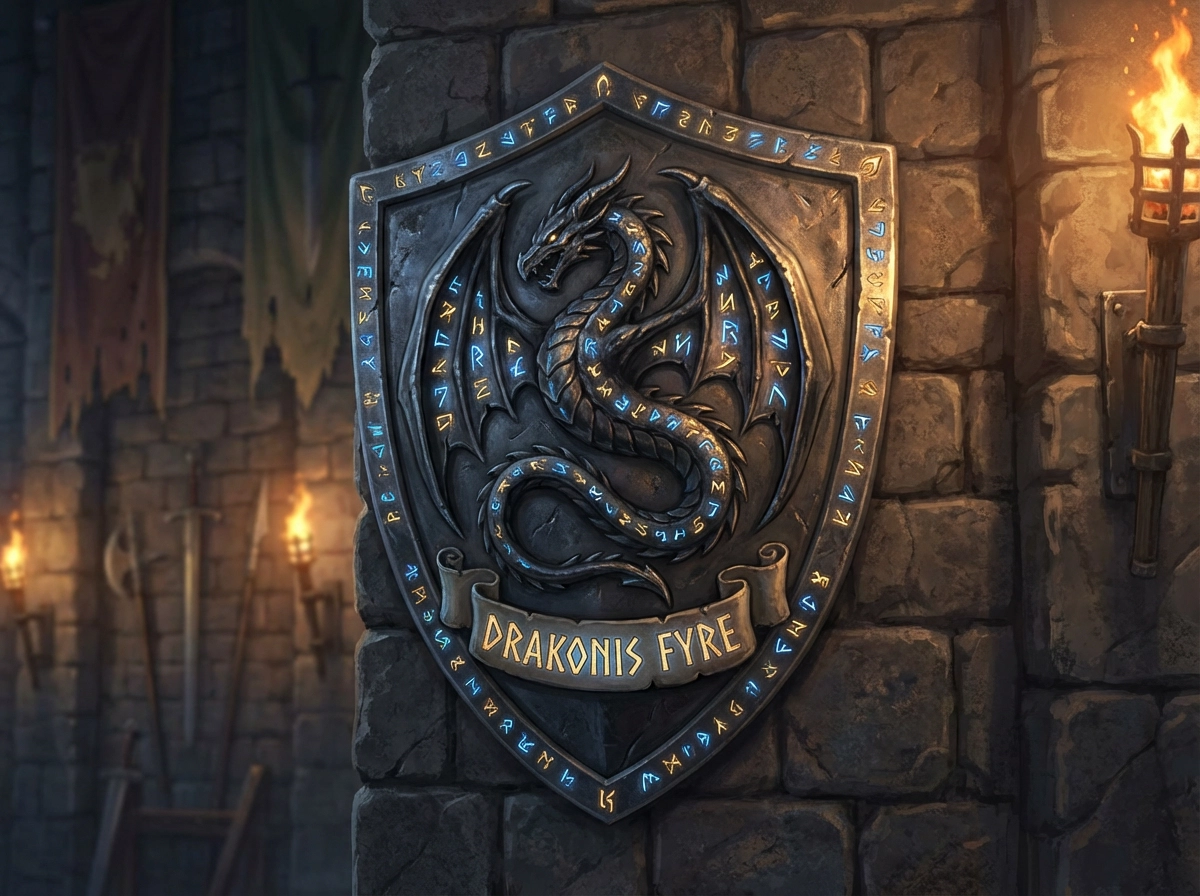 奇幻家族徽章，龙徽记，发光符文，深色金属盾牌，史诗高奇幻艺术风格