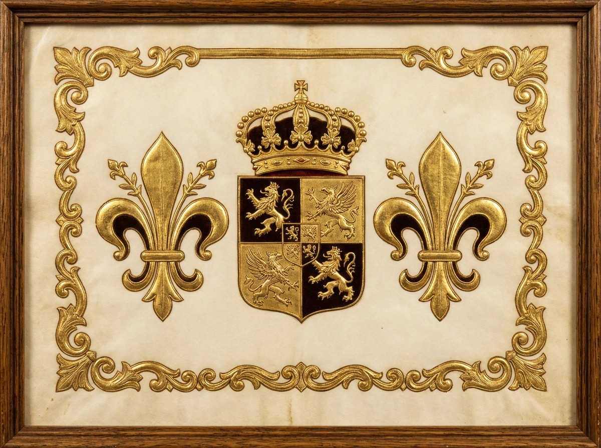 皇家家族纹章，王冠和百合花，对称布局，奢华金色压印，经典欧洲风格