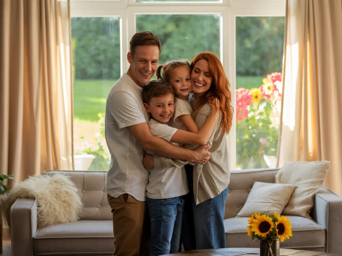 A happy family of four posing together in a cozy living room, warm natural lighting, realistic photography style.