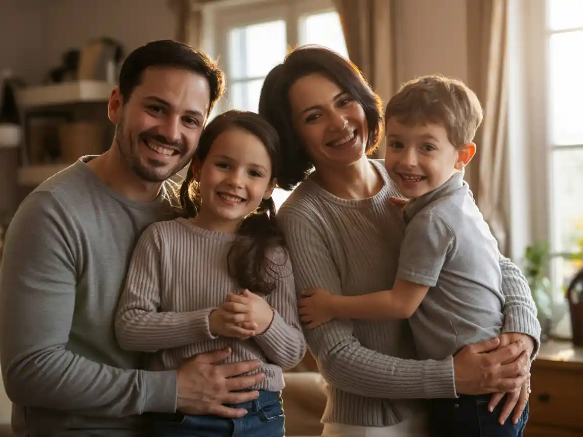 A warm family portrait of a happy family of four standing together