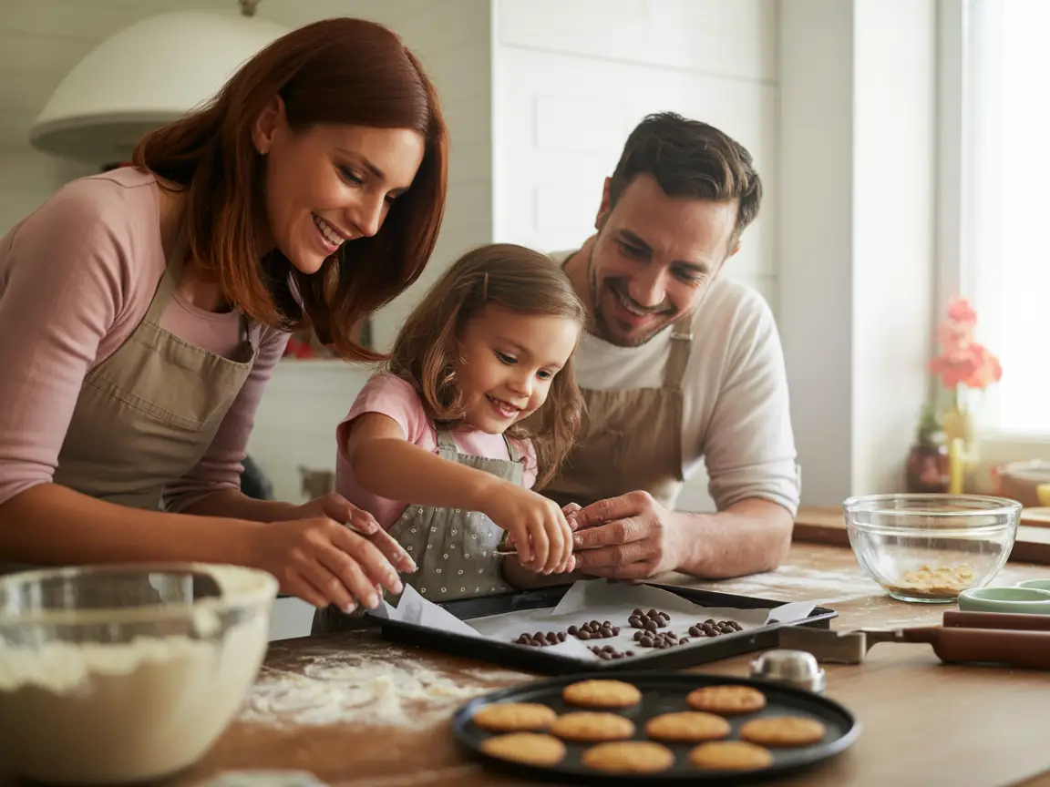 Parents and children baking together in the kitchen, lifestyle family photography style.