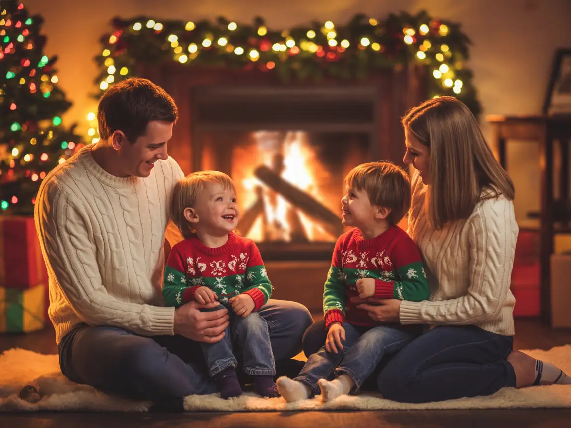 A cozy winter family photo by the fireplace, wearing sweaters, Christmas decorations in the background.